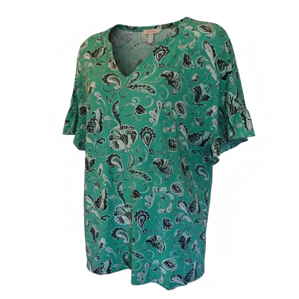 Paisley Green Black White Women’s Top Ruffle Sleeve Size 1X 14/16W